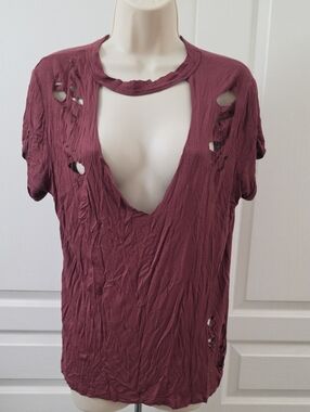 Mind Code | Burgundy Distressed Shredded Plunging Neckline Indie Sleeze Tee